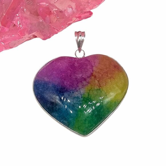 Handmade Jewelry - Rainbow Solar Quartz Heart Necklace Pendant 925 Sterling Silver Overlay